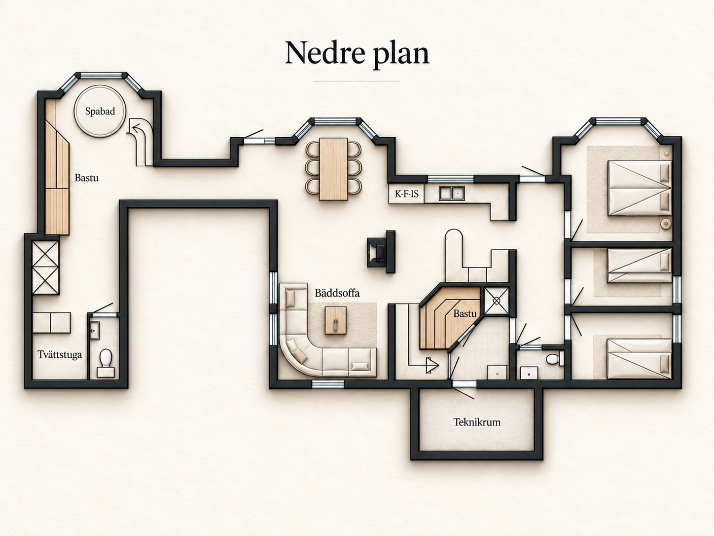 Planritning Nedre våningen – extra kök, lounge och flexibel sovdel
